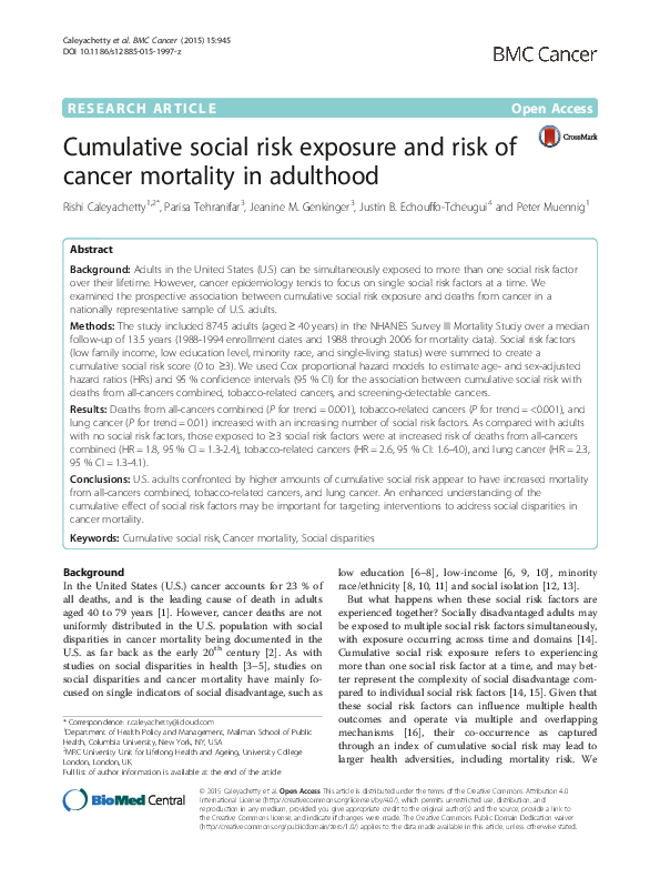 (PDF) Cumulative social risk exposure and risk of cancer mortality in ...