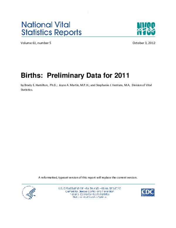 (PDF) Births: Preliminary Data for 2011. National Vital Statistics ...