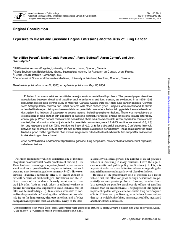 (PDF) Exposure to diesel and gasoline engine emissions and the risk of ...