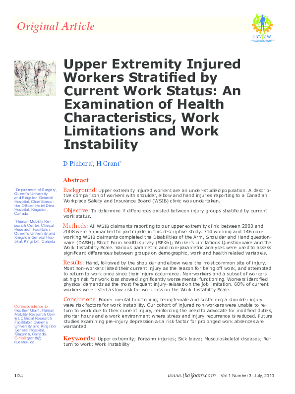 (PDF) Upper extremity injured workers stratified by current work status ...