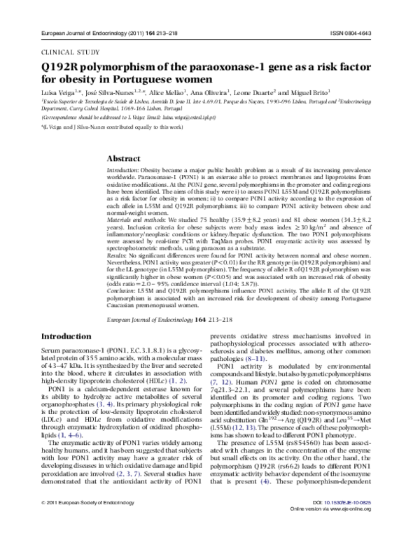 (PDF) Q192R polymorphism of the paraoxonase-1 gene as a risk factor for ...