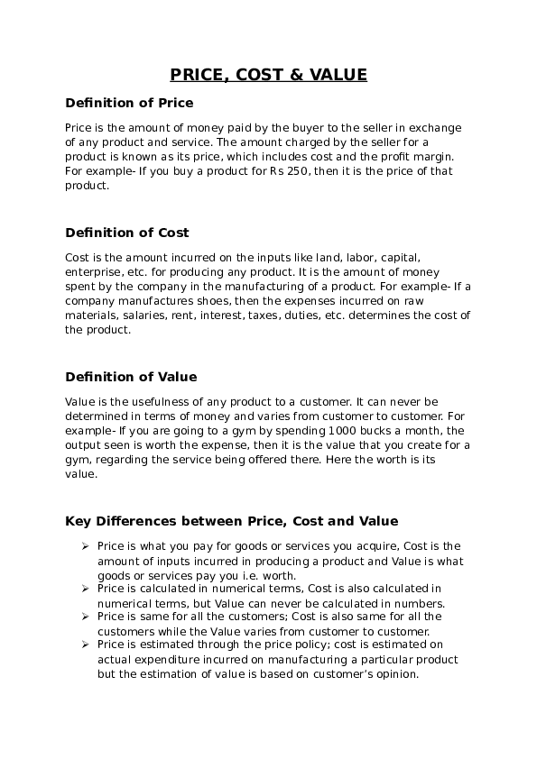 (DOC) PRICE, COST & VALUE Definition of Price asad altaf gill