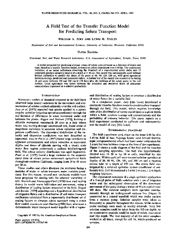 (PDF) A field test of the transfer function model for predicting solute ...