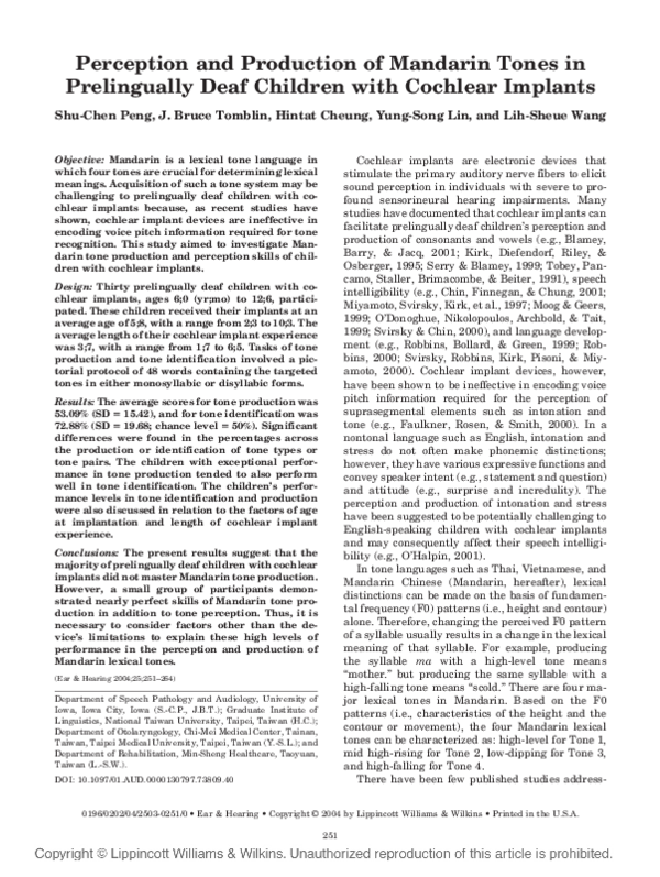 (PDF) Perception and Production of Mandarin Tones in Prelingually Deaf ...