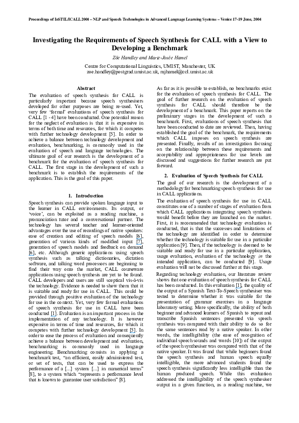 (PDF) Investigating the Requirements of Speech Synthesis for CALL with ...
