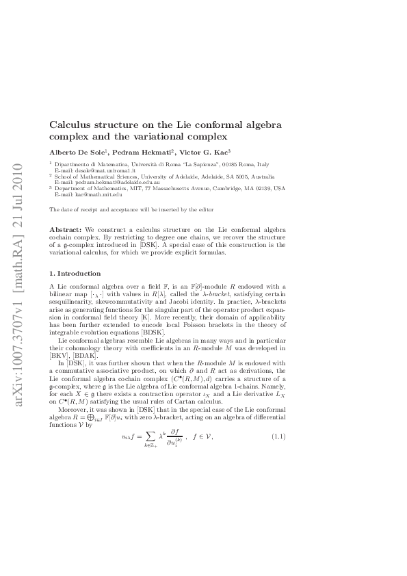 (PDF) Calculus structure on the Lie conformal algebra complex and the ...