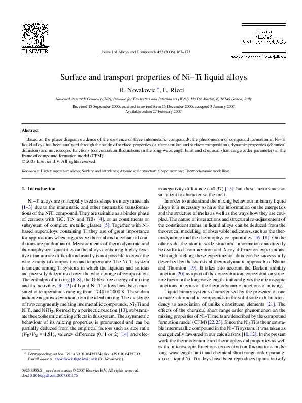 (PDF) Surface and transport properties of Ni–Ti liquid alloys