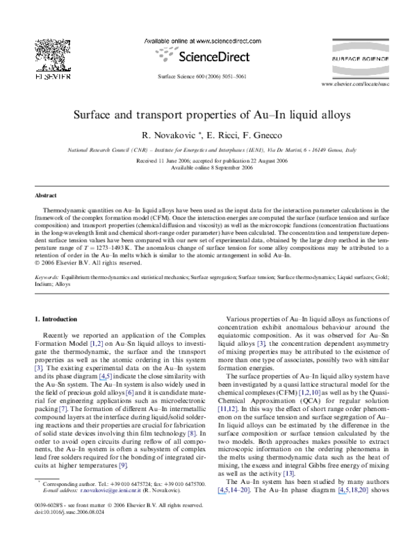 (PDF) Surface and transport properties of Au–In liquid alloys