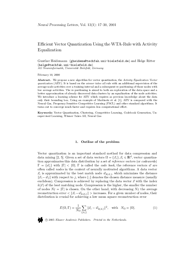 (PDF) Efficient vector quantization using the WTA-rule with activity ...
