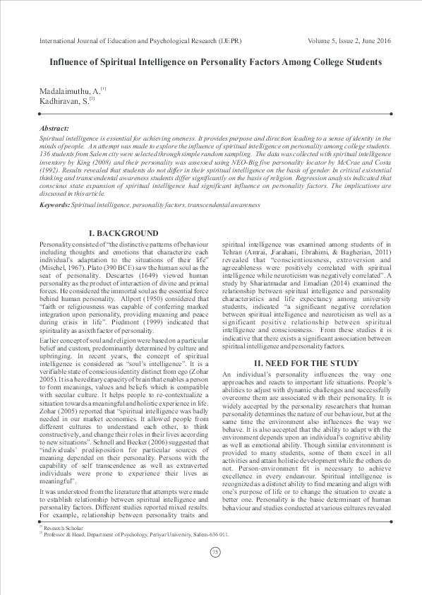 (PDF) Influence of Spiritual Intelligence on Personality Factors Among ...