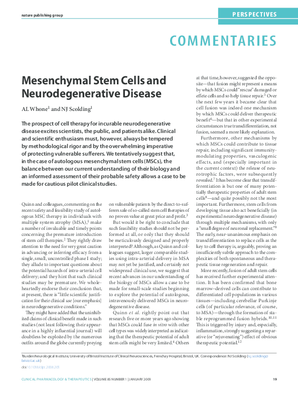 (PDF) Mesenchymal stem cells and neurodegenerative disease