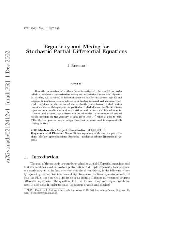 (PDF) Ergodicity and mixing for stochastic partial differential equations