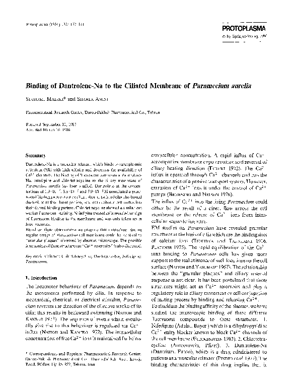 (PDF) Binding of dantroleneNa to the ciliated membrane of Paramecium
