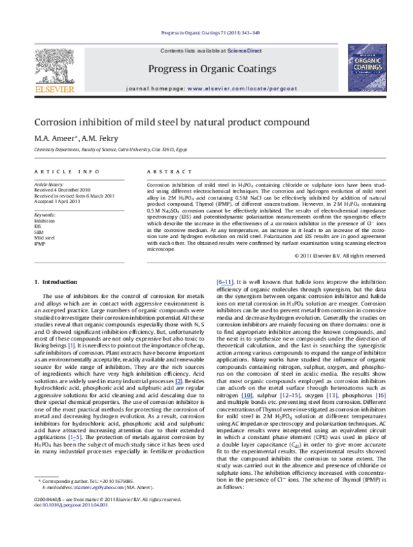 (PDF) Corrosion inhibition of mild steel by natural product compound
