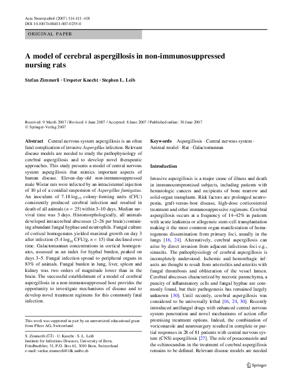 (PDF) A model of cerebral aspergillosis in non-immunosuppressed nursing ...