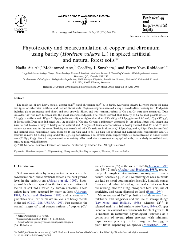 (PDF) Phytotoxicity and bioaccumulation of copper and chromium using barley ( Hordeum vulgare L