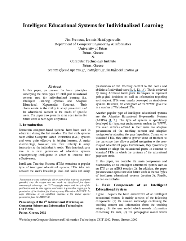 (PDF) Intelligent educational systems for individualized learning