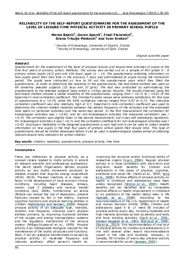 (PDF) Reliability of the Self-Report Questionnaire for the Assessment ...
