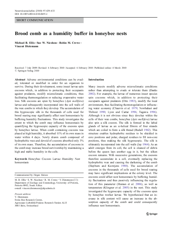 (PDF) Brood comb as a humidity buffer in honeybee nests