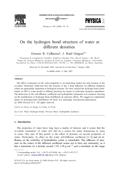 (PDF) On the hydrogen bond structure of water at different densities