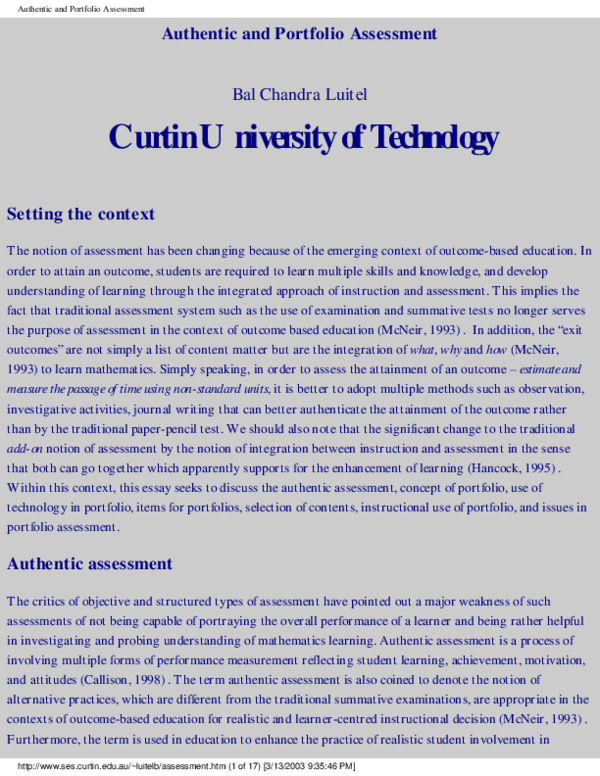 (PDF) Authentic and Portfolio Assessment Bal Chandra Luitel