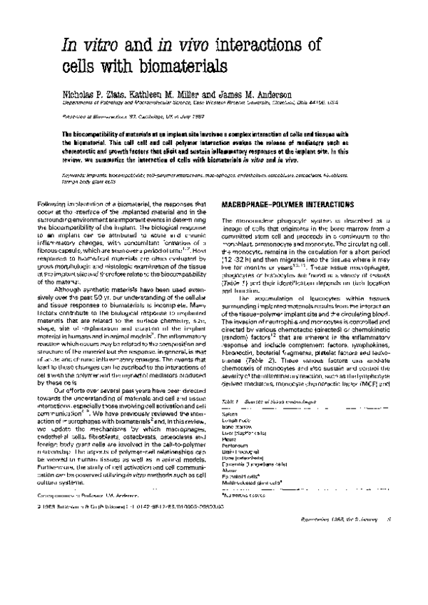(PDF) In vitro and in vivo interactions of cells with biomaterials