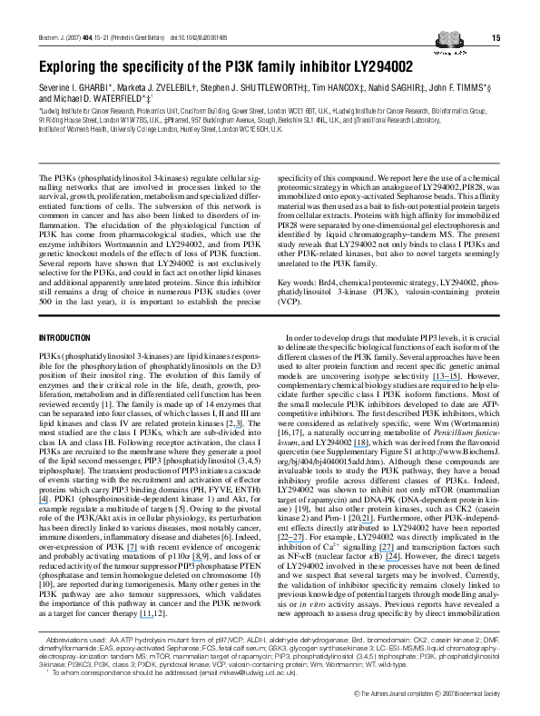 (PDF) Exploring the specificity of the PI3K family inhibitor LY294002