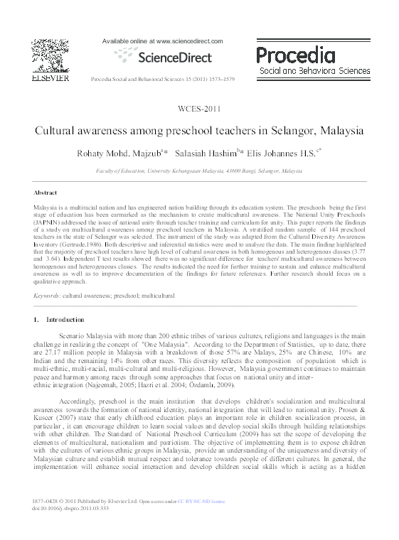 (PDF) Cultural awareness among preschool teachers in Selangor, Malaysia