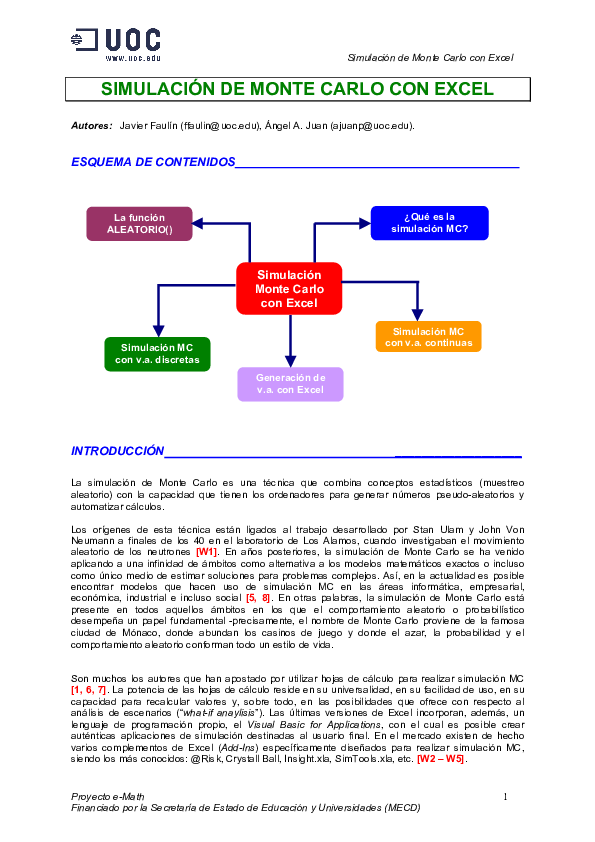 (PDF) SIMULACIÓN DE MONTE CARLO CON EXCEL ESQUEMA DE CONTENIDOS (PDF) SIMULACIÓN DE MONTE CARLO CON EXCEL ESQUEMA DE CONTENIDOS