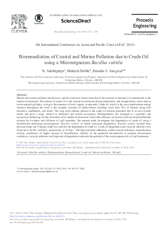 (PDF) Bioremediation of Coastal and Marine Pollution due to Crude Oil ...
