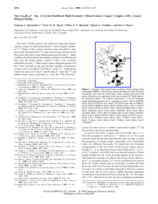 Pdf The Cu 8 Br 15 6 Ion A Crystal Stabilized High Symmetry Mixed Valence Copper Complex With A Linear Halogen Bridge Ian G Dance Academia Edu