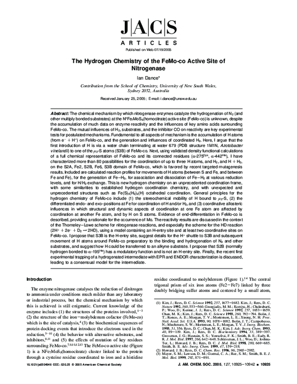 (PDF) The Hydrogen Chemistry of the FeMo-co Active Site of Nitrogenase