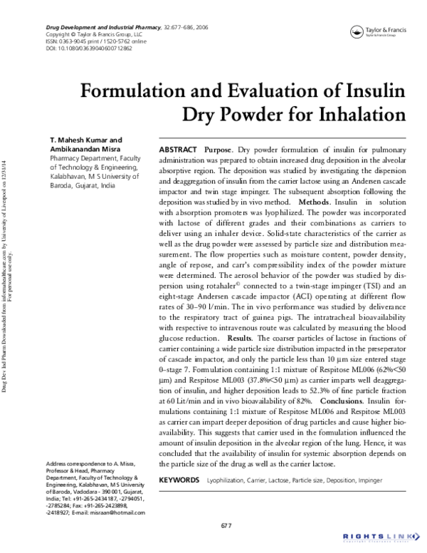 (PDF) Formulation and Evaluation of Insulin Dry Powder for Inhalation Ambikanandan R Misra