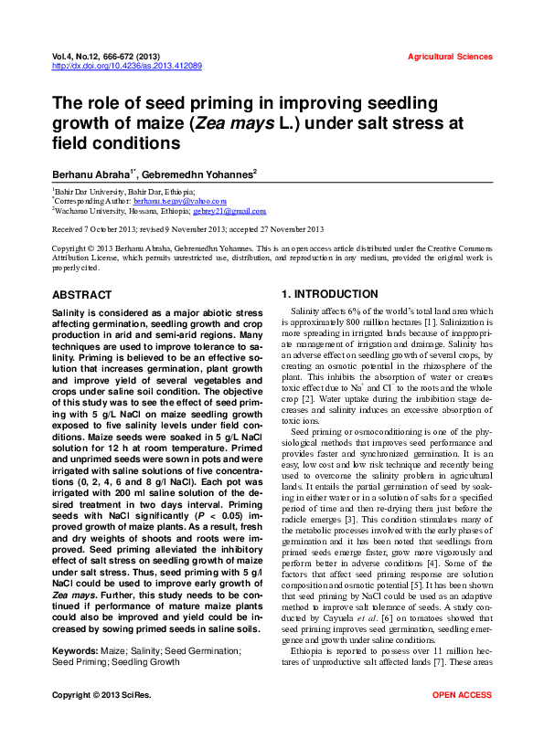 (PDF) The role of seed priming in improving seedling growth of maize ( Zea mays L.) under salt