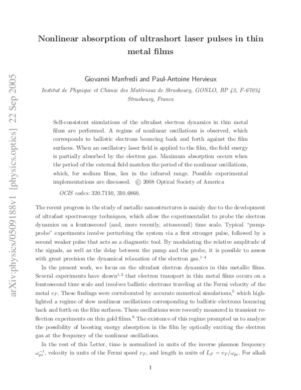 (PDF) Nonlinear absorption of ultrashort laser pulses in thin metal films