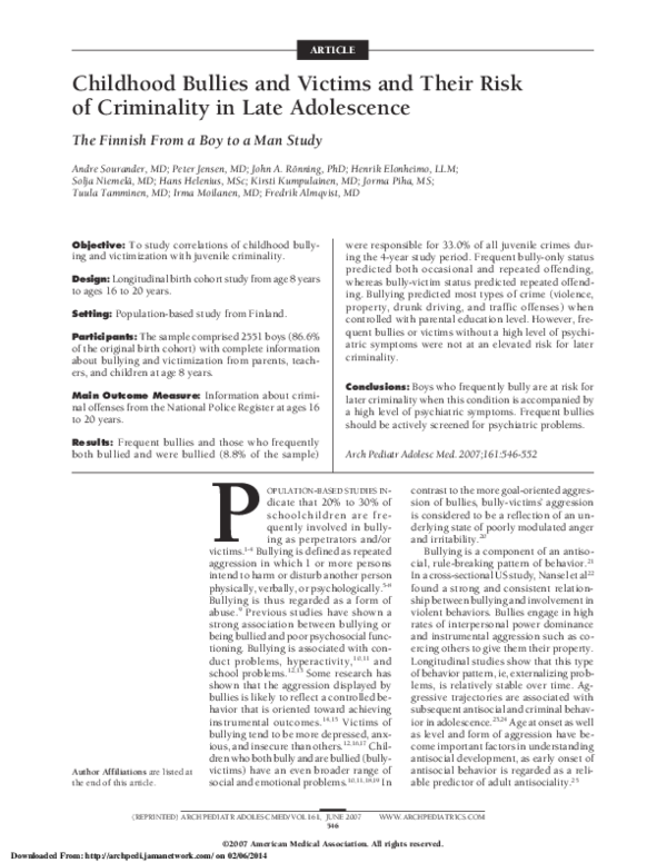 (PDF) Childhood Bullies and Victims and Their Risk of Criminality in ...