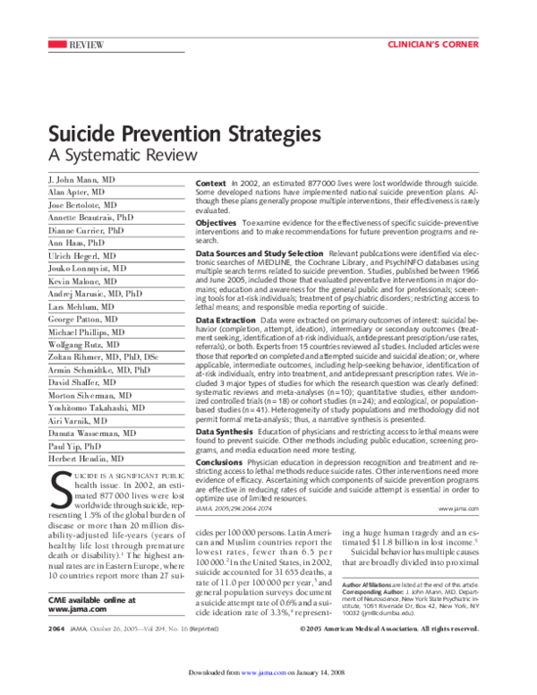 (PDF) Suicide Prevention Strategies: A Systematic Review