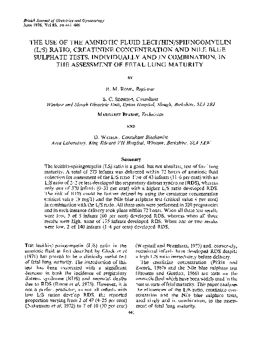 (PDF) The Use of the Amniotic Fluid LECITH1N/SPHINGOMYELIN (L/S) Ratio