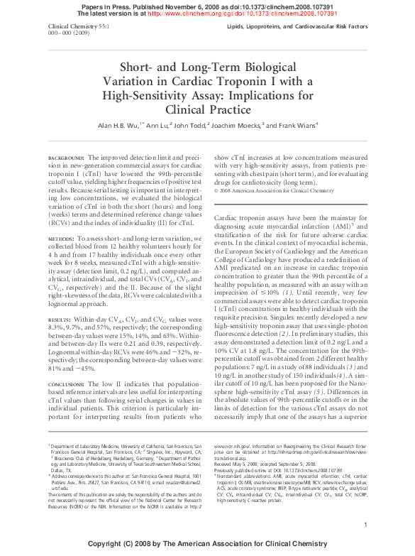 (PDF) Short-and long-term biological variation in cardiac troponin I ...