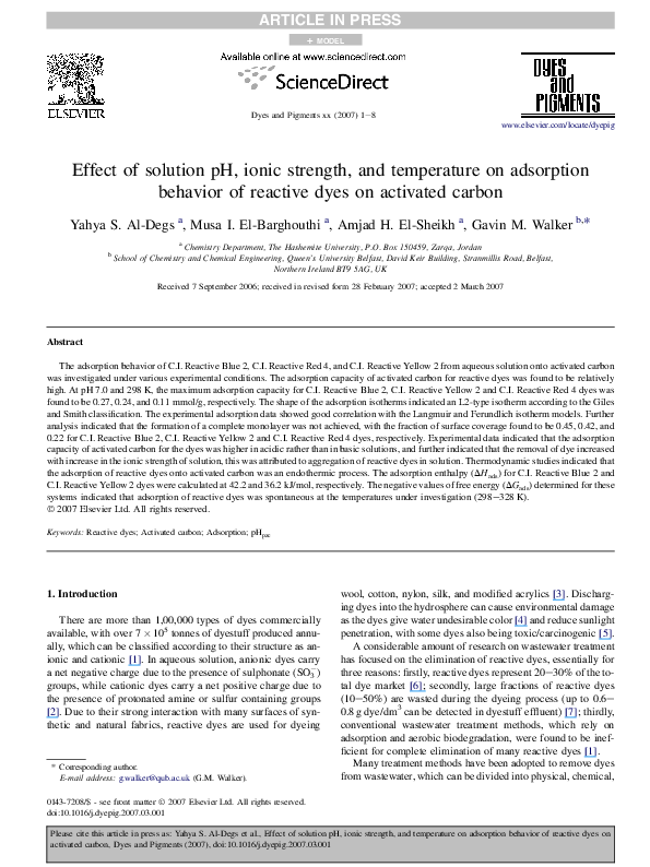 Effect of solution pH, ionic strength, and temperature on adsorption behavior of reactive dyes on activated carbon