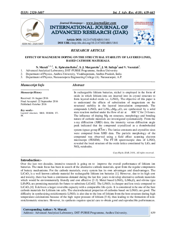(PDF) EFFECT OF MAGNESIUM DOPING ON THE STRUCTURAL STABILITY OF LAYERED ...