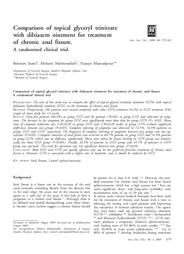 (PDF) Comparison of topical glyceryl trinitrate with diltiazem ointment for treatment of chronic (PDF) Comparison of topical glyceryl trinitrate with diltiazem ointment for treatment of chronic