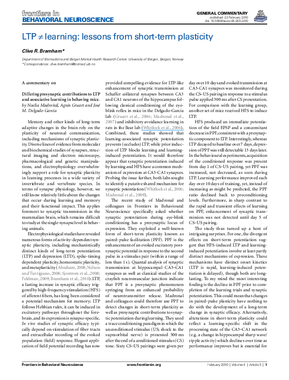 (PDF) LTP≠ learning: lessons from short-term plasticity