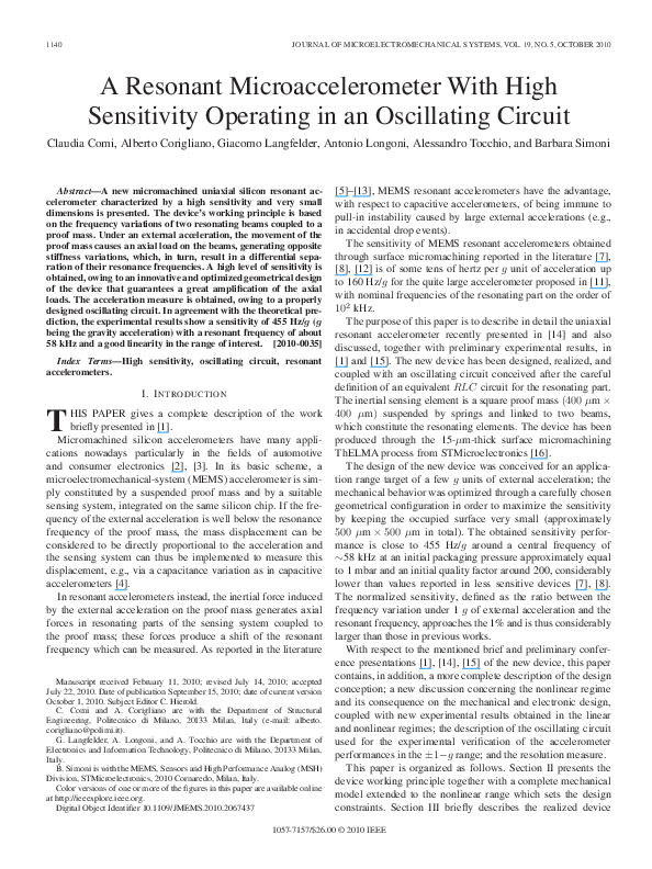 (PDF) A Resonant Microaccelerometer With High Sensitivity Operating in ...