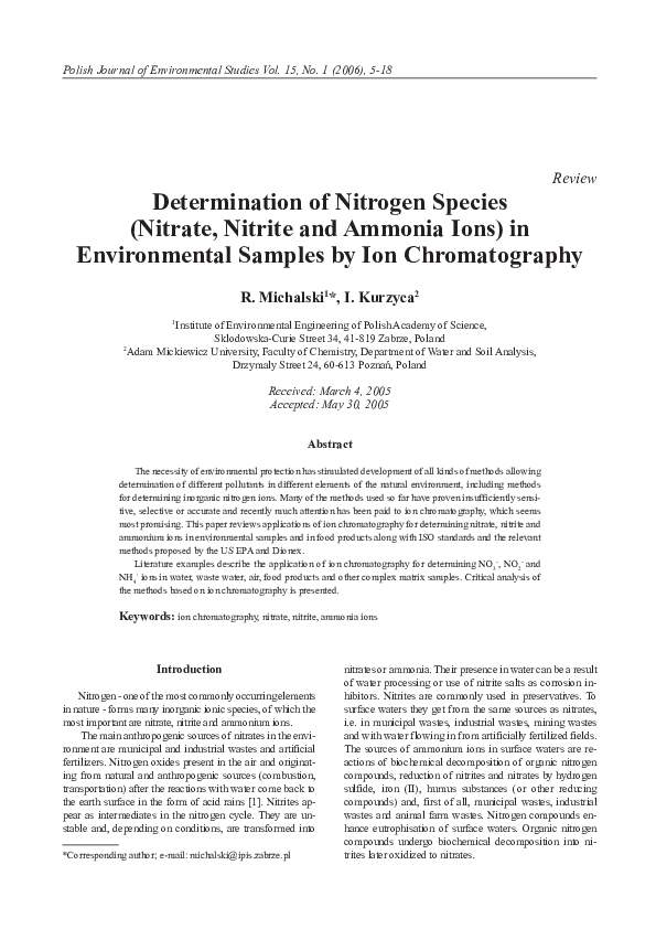 (PDF) Determination of nitrogen species (Nitrate, Nitrite and Ammonia