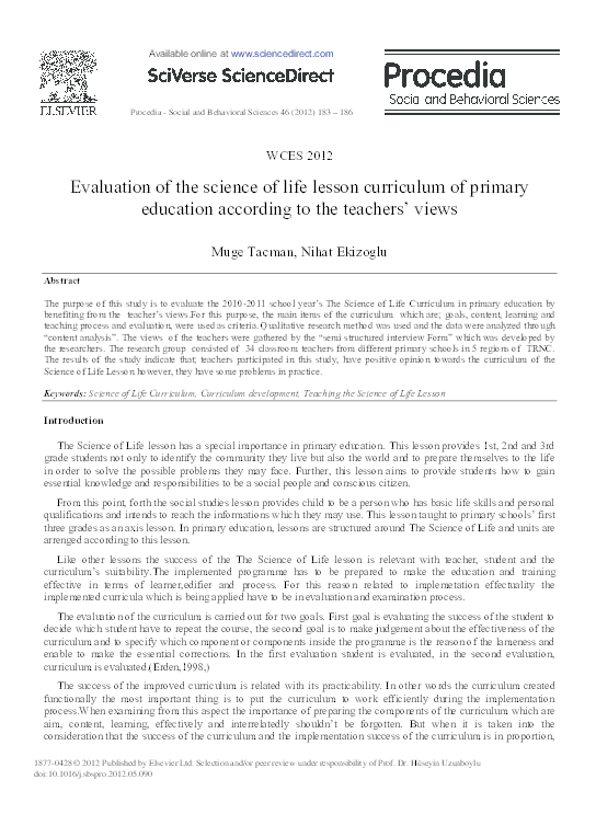 (PDF) Evaluation of the Science of Life Lesson Curriculum of Primary ...