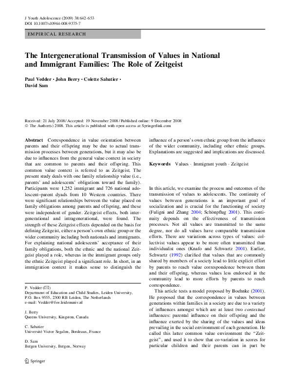 (PDF) The Intergenerational Transmission of Values in National and ...