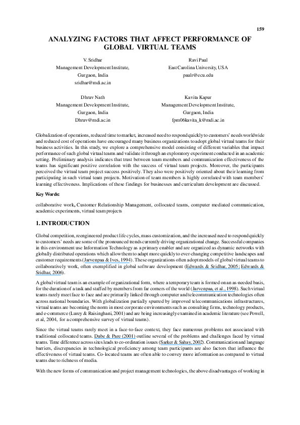 (PDF) Analyzing Factors that Affect Performance of Global Virtual Teams
