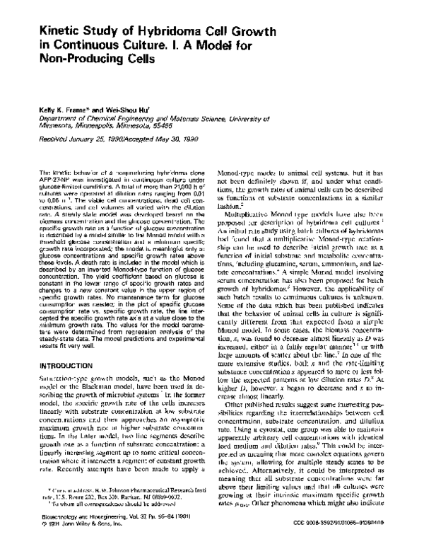 (PDF) study of hybridoma cell growth in continuous culture. I
