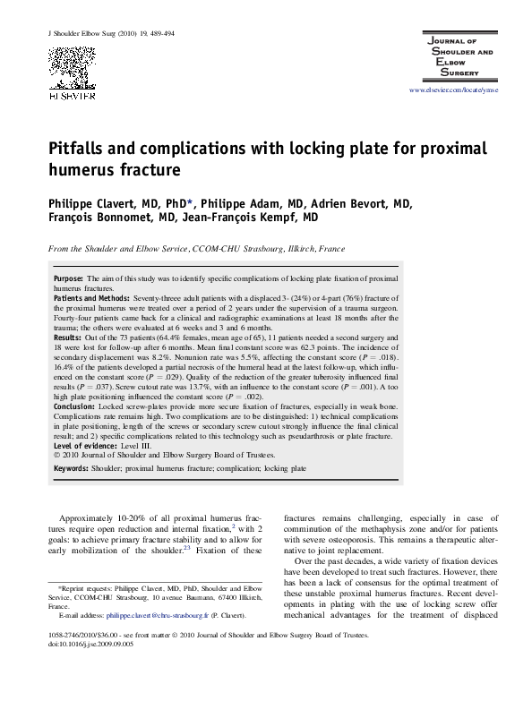 (PDF) Pitfalls and complications with locking plate for proximal ...